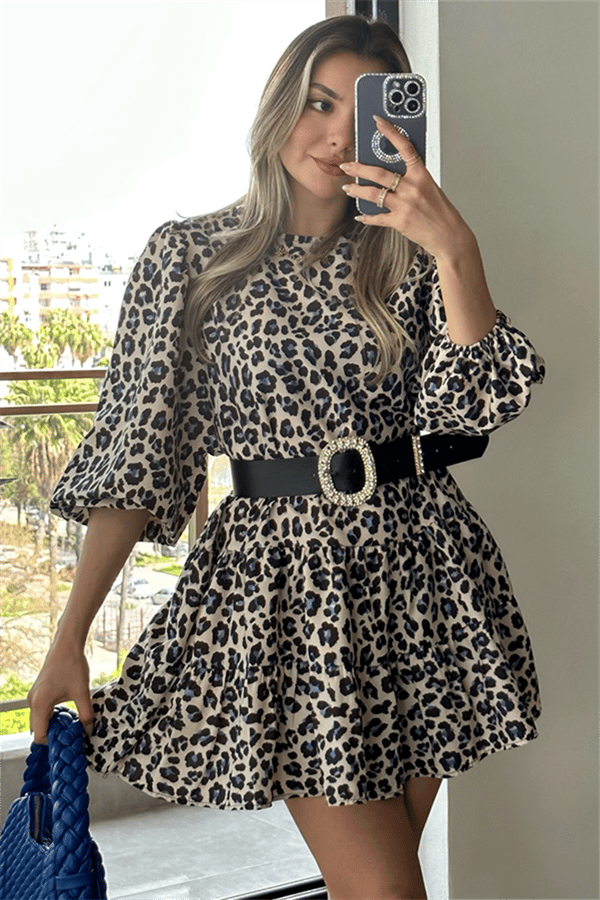 Mavi leopar desenli balon kol çan elbise