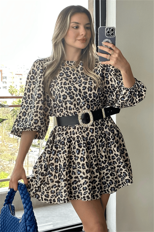 Mavi leopar desenli balon kol çan elbise