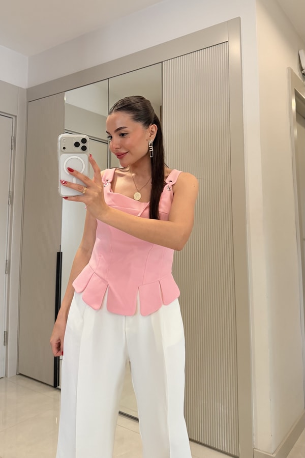 Maxmel Pembe Dilimli Atlas Bluz