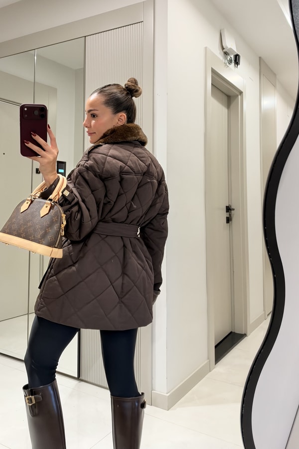 Mayra Kahve Kapitone Kuşaklı Premium Mont