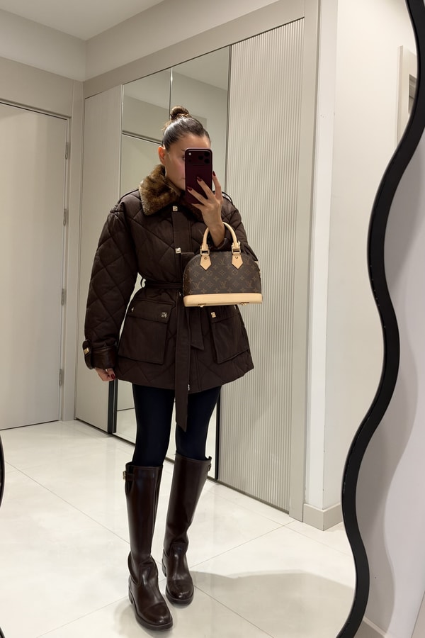 Mayra Kahve Kapitone Kuşaklı Premium Mont