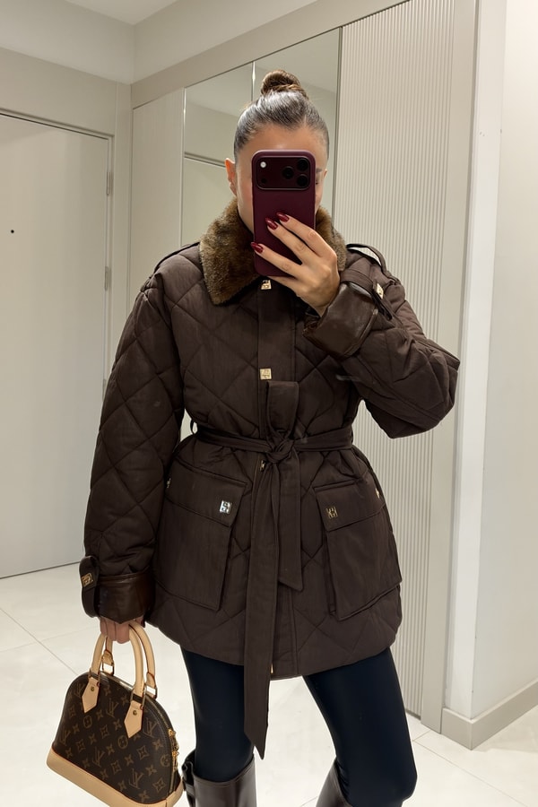 Mayra Kahve Kapitone Kuşaklı Premium Mont