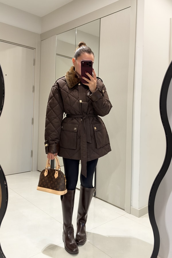 Mayra Kahve Kapitone Kuşaklı Premium Mont