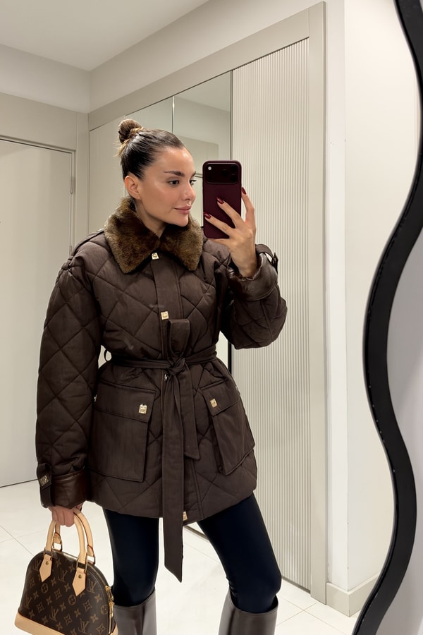 Mayra Kahve Kapitone Kuşaklı Premium Mont