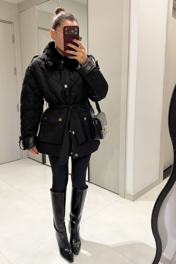 Mayra Siyah Kapitone Kuşaklı Premium Mont