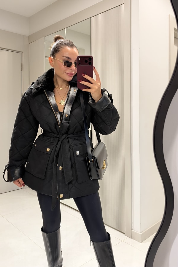 Mayra Siyah Kapitone Kuşaklı Premium Mont