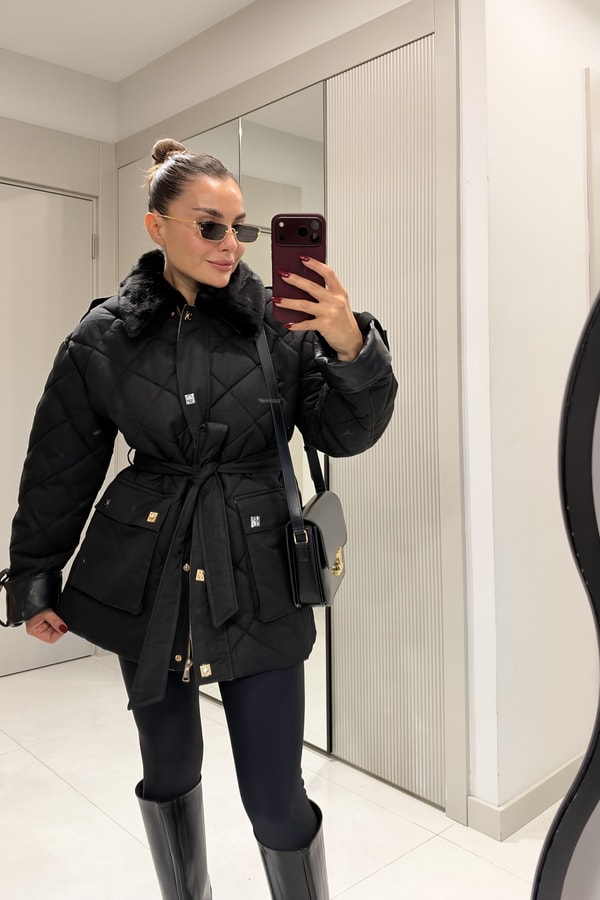 Mayra Siyah Kapitone Kuşaklı Premium Mont