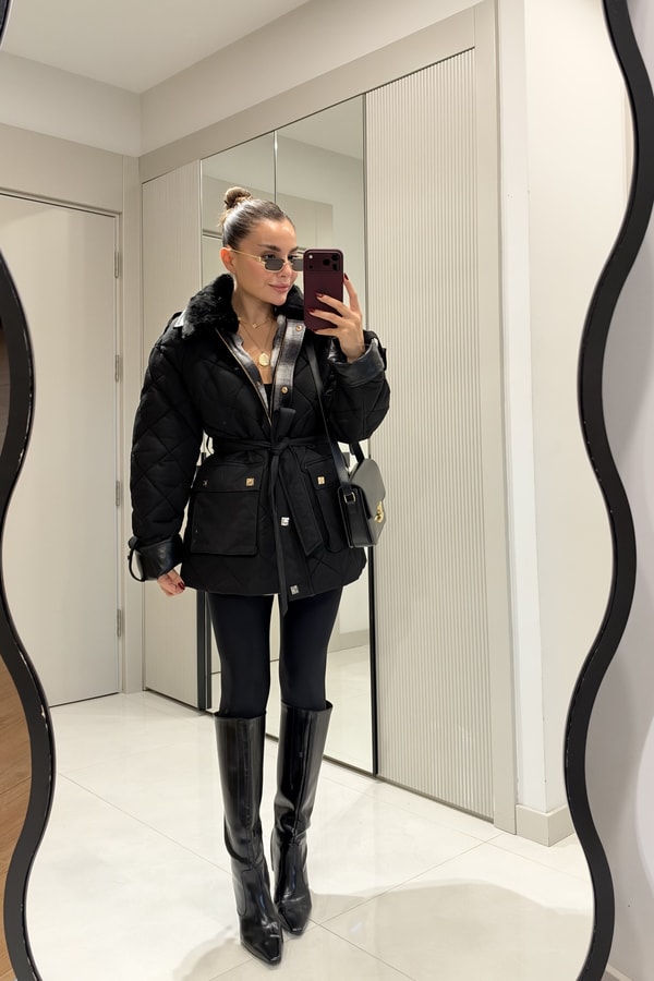 Mayra Siyah Kapitone Kuşaklı Premium Mont