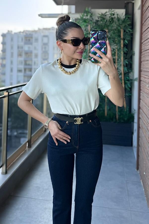 Md Bisiklet Yaka Şeritli Tshirt - Beyaz