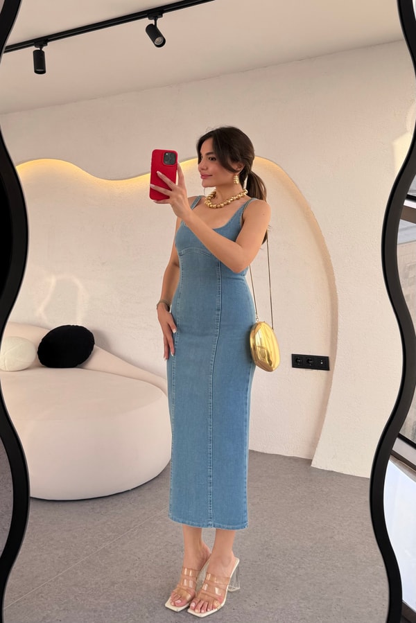 Mejuri Lightblue Denim Kare Yaka Elbise