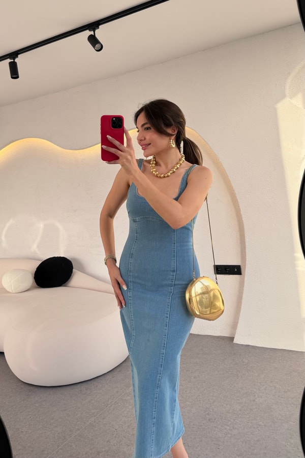 Mejuri Lightblue Denim Kare Yaka Elbise