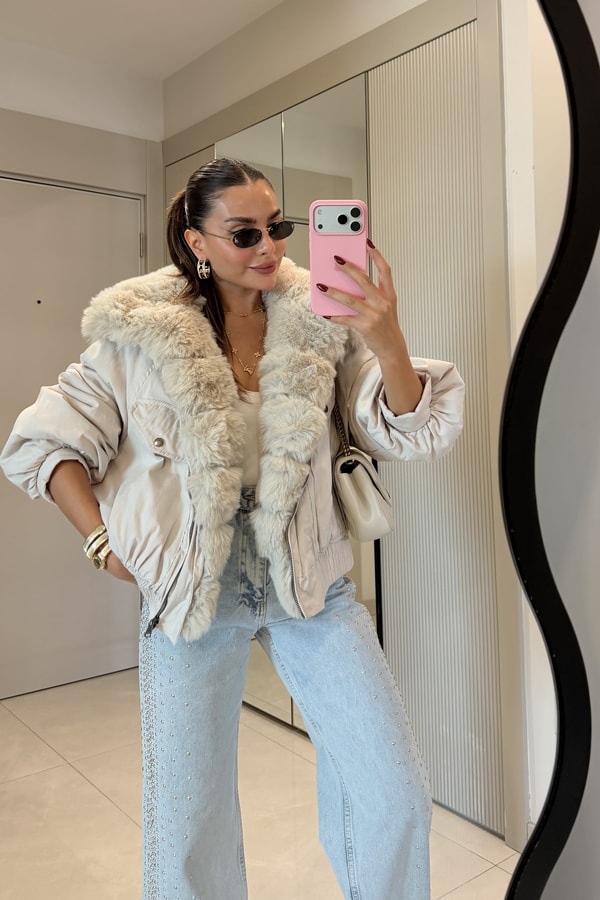 Melania Krem Kürk Detaylı Premium Lüks Mont