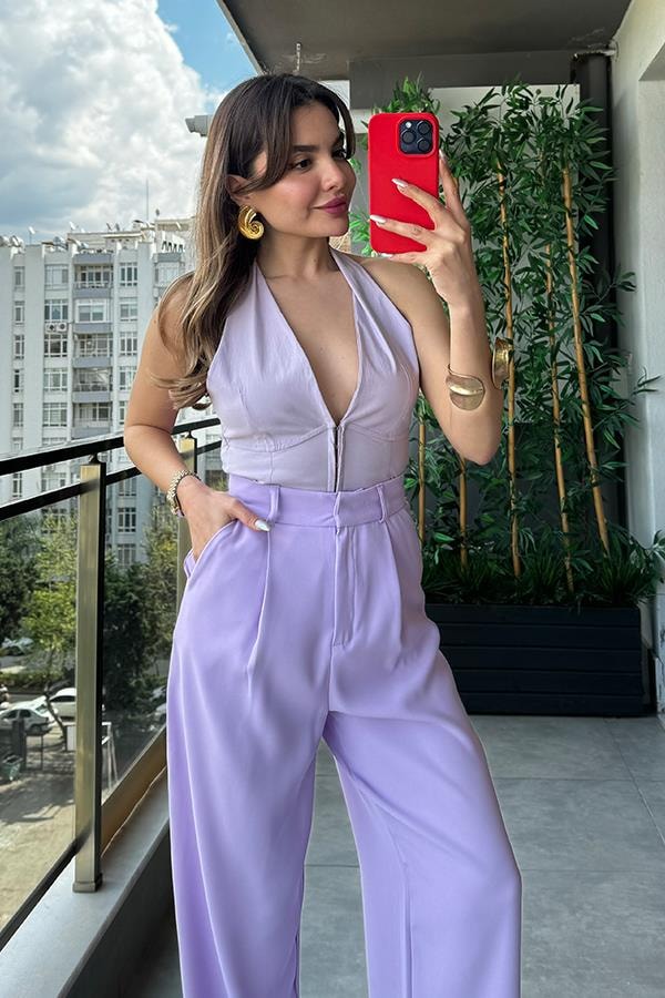 Melez Sırt Dekolteli Kancalı Crop - Lila