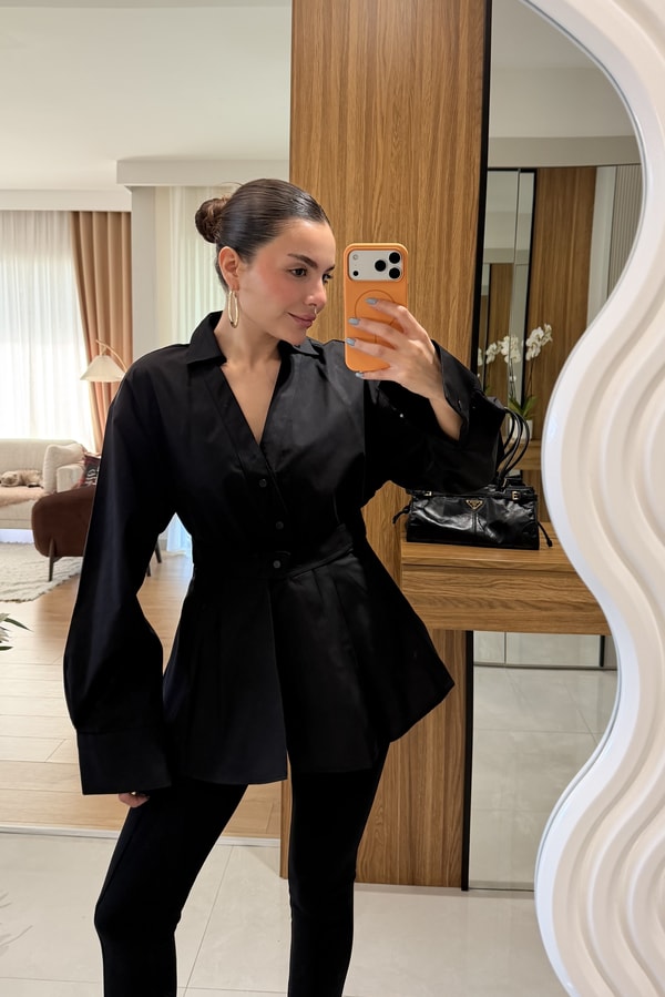 Melinda Siyah İki Parça Tasarım Gömlek