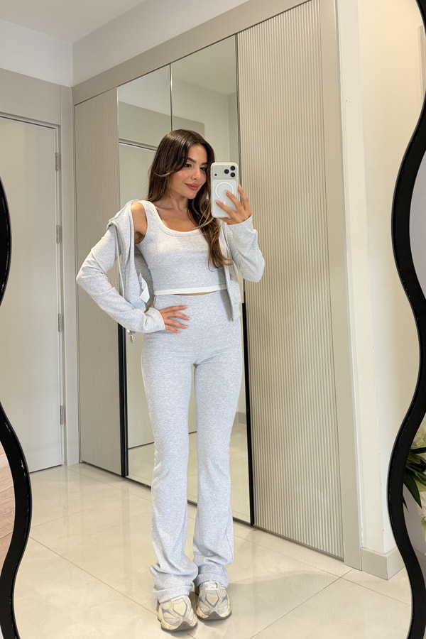Mercury Gri Üçlü Ceket Pantolon Crop Takım
