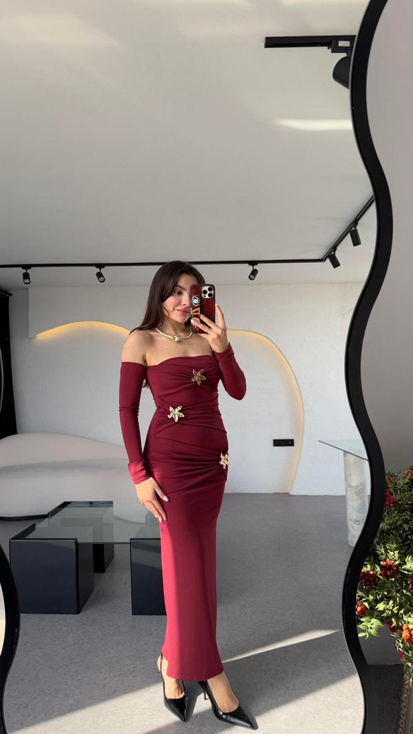 Mermaid Bordo Yıldız Aksesuarlı Tasarım Şık Elbise 