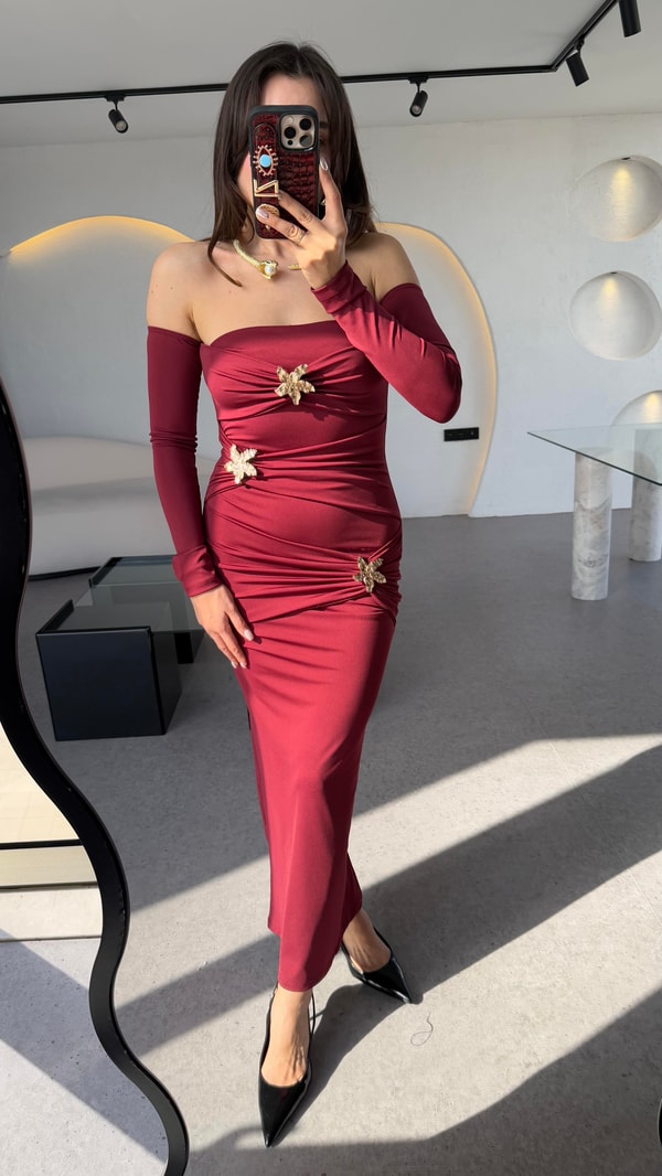 Mermaid Bordo Yıldız Aksesuarlı Tasarım Şık Elbise 