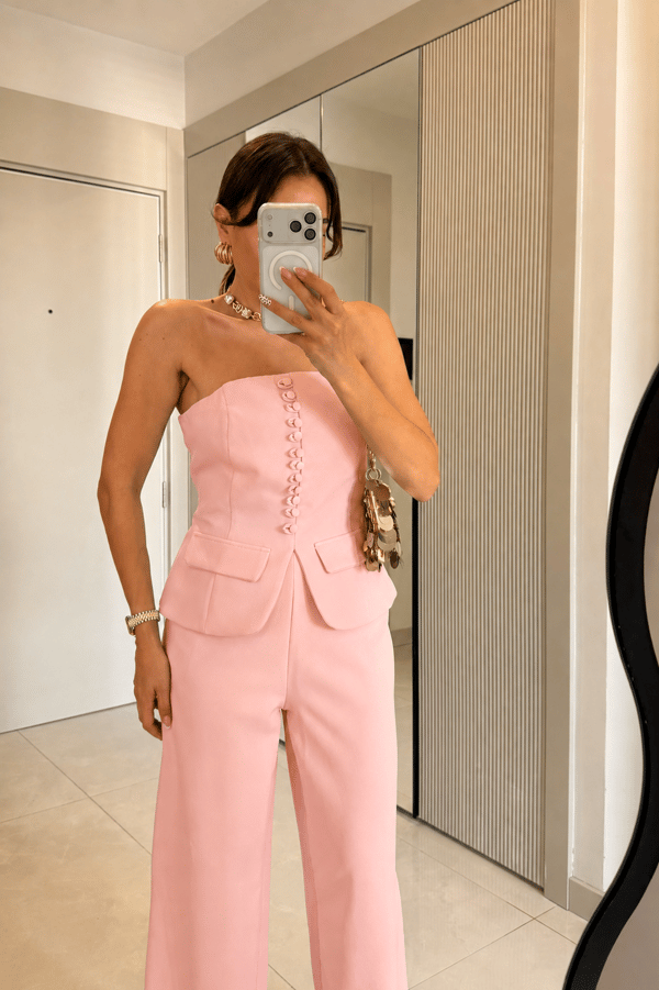 Michell Pembe Düğmeli Straplez Premium Takım