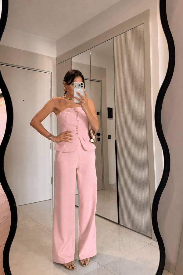 Michell Pembe Düğmeli Straplez Premium Takım