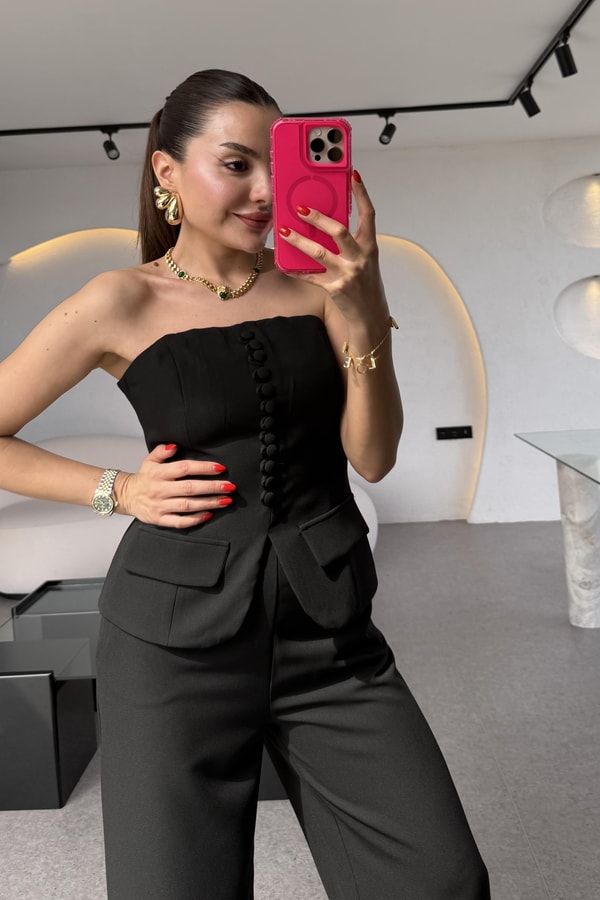 Michell Siyah Düğmeli Straplez Premium Takım