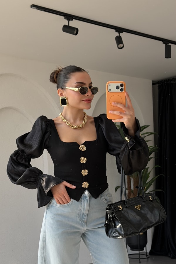 Milano Siyah Balon Kol Tokalı Bluz