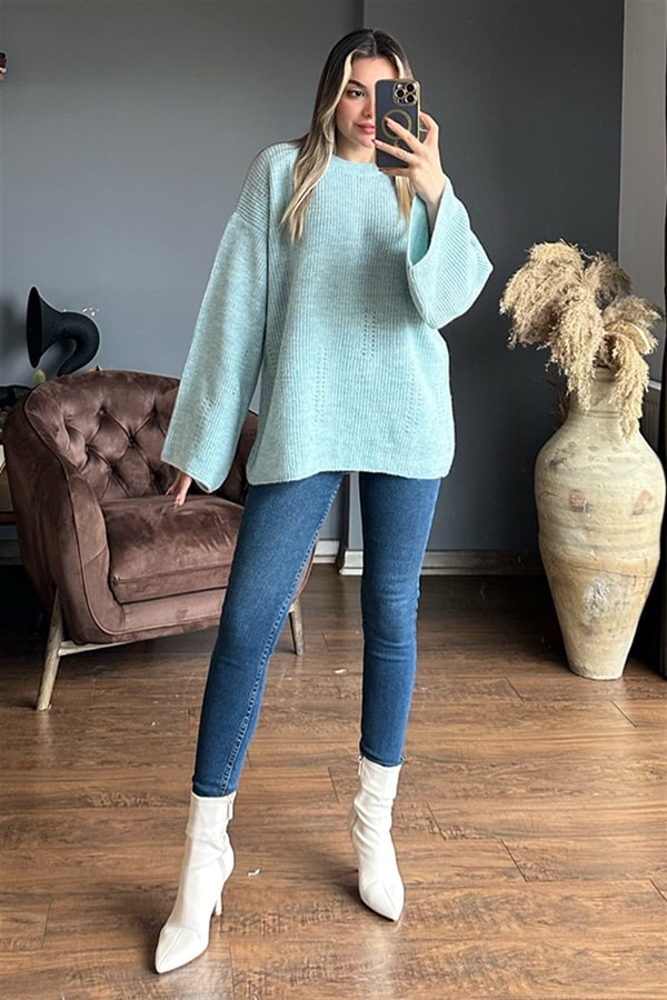 Mint yeşili ispanyol kol oversize kazak