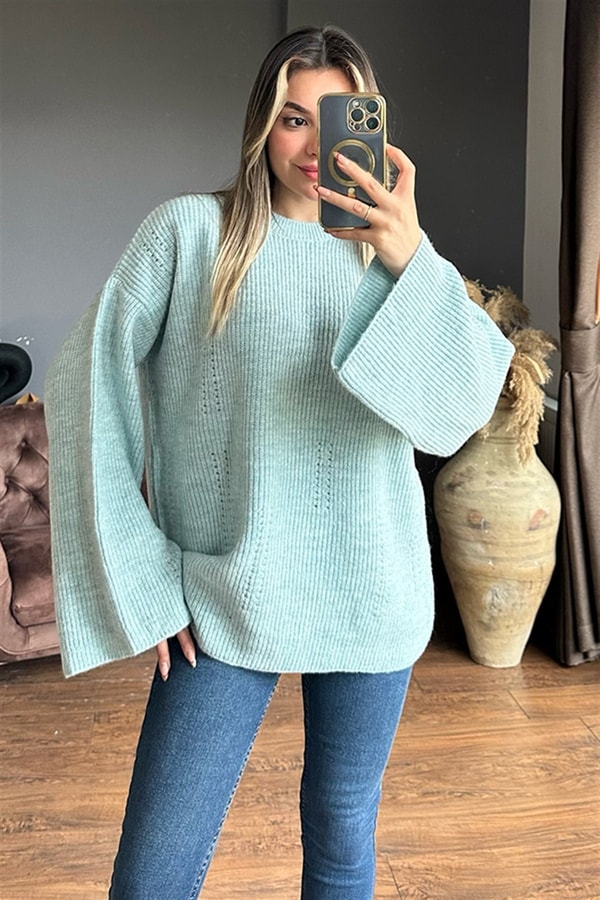 Mint yeşili ispanyol kol oversize kazak