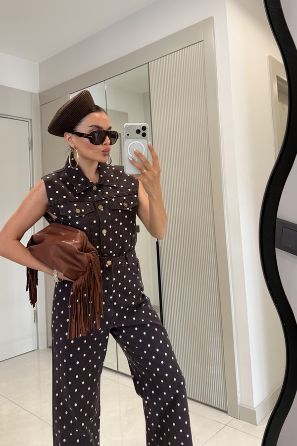 Mirabella Kahve Puantiyeli Denim Takım