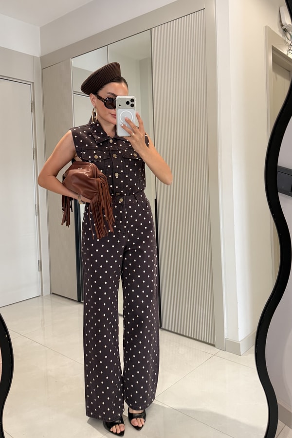 Mirabella Kahve Puantiyeli Denim Takım