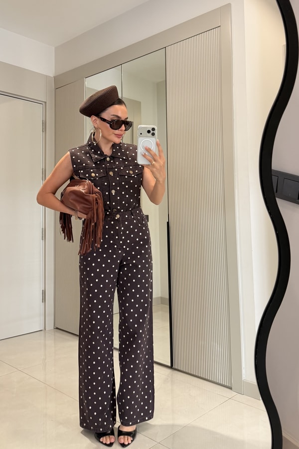 Mirabella Kahve Puantiyeli Denim Takım