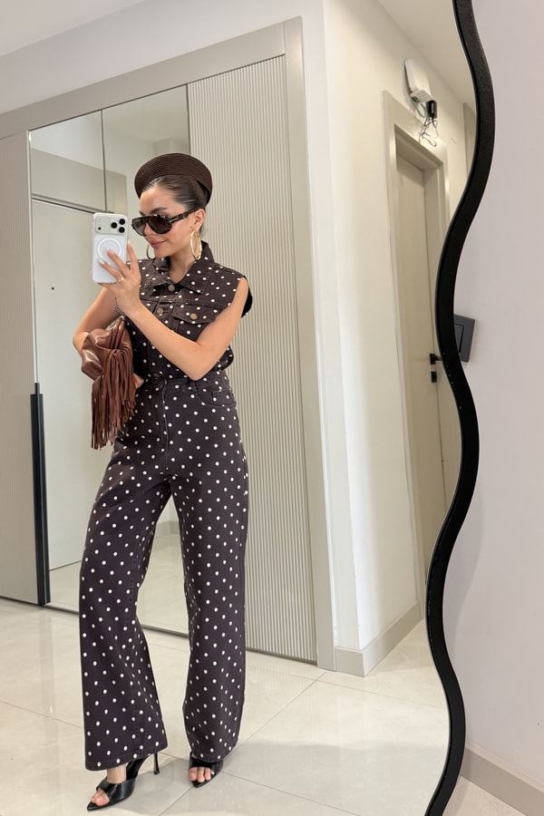 Mirabella Kahve Puantiyeli Denim Takım