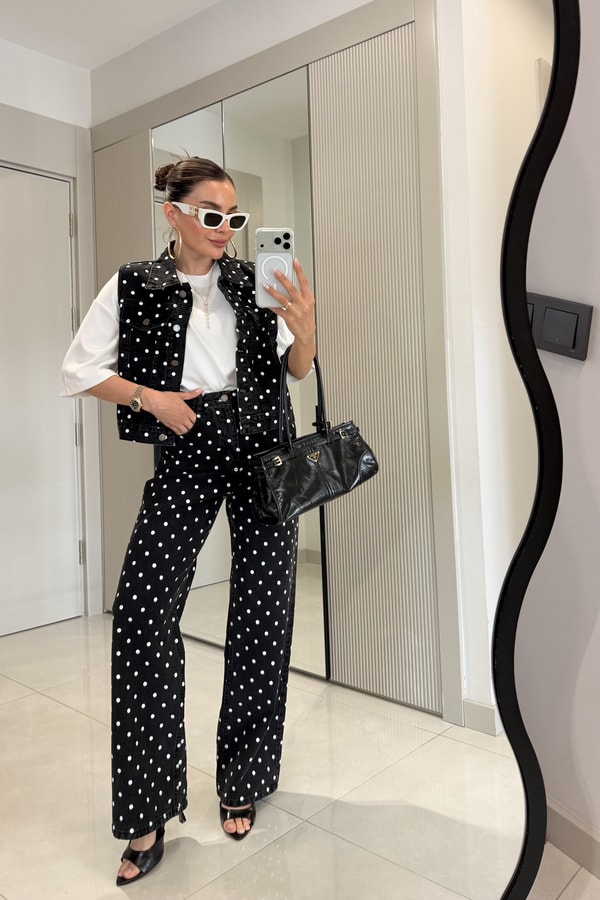 Mirabella Siyah Puantiyeli Denim Takım