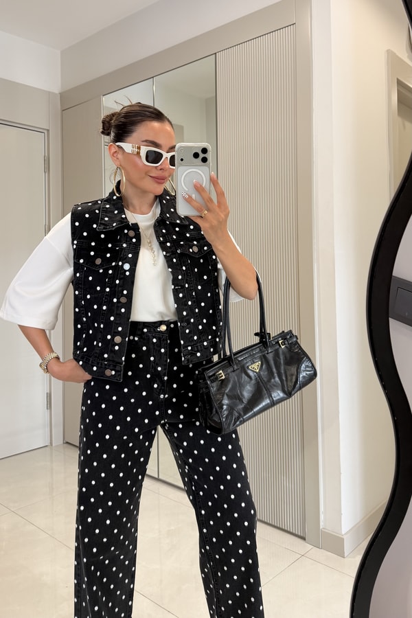 Mirabella Siyah Puantiyeli Denim Takım