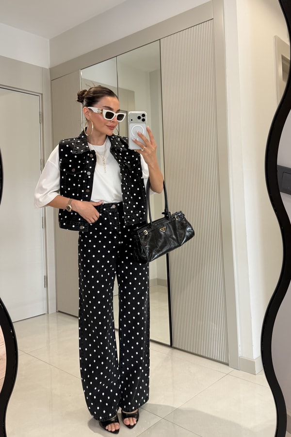 Mirabella Siyah Puantiyeli Denim Takım