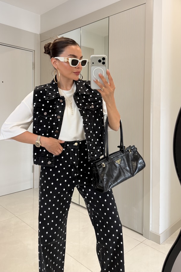Mirabella Siyah Puantiyeli Denim Takım