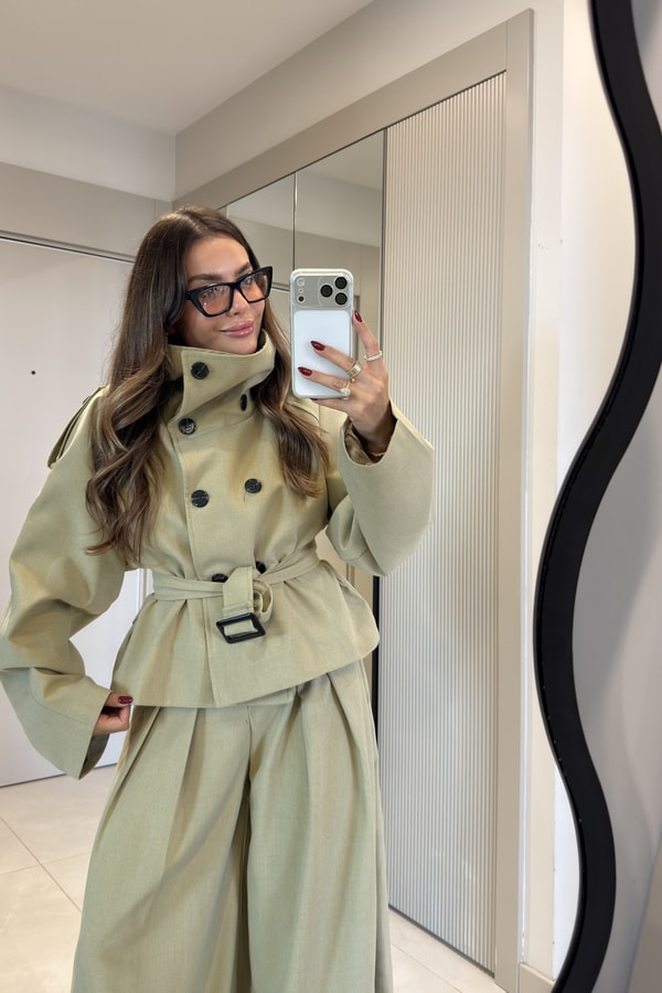 Mirae Haki Dik Yaka Kemerli Ceket Bol Paça Pantolon Takım