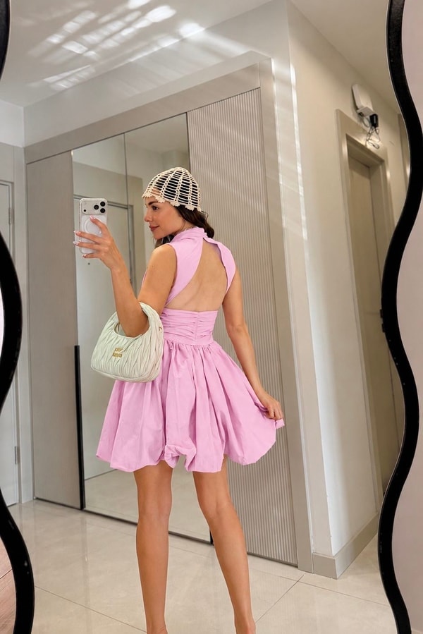 Mirelda Pembe Gold Düğmeli Poplin Elbise
