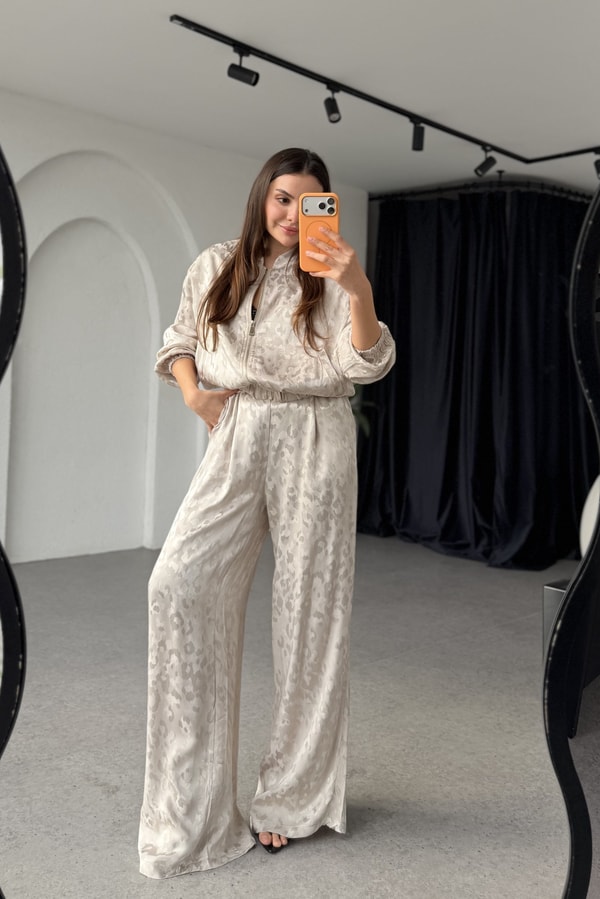 Mishel Bej Jakarlı Saten Takım