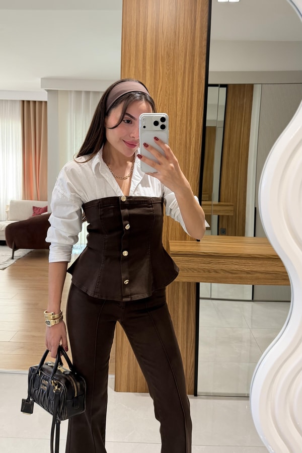 Misscix Kahve Denim Straplez Takım