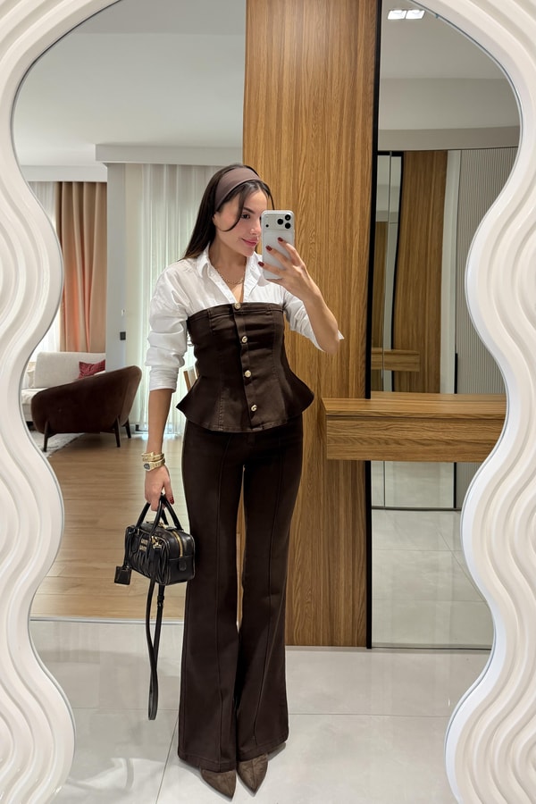 Misscix Kahve Denim Straplez Takım