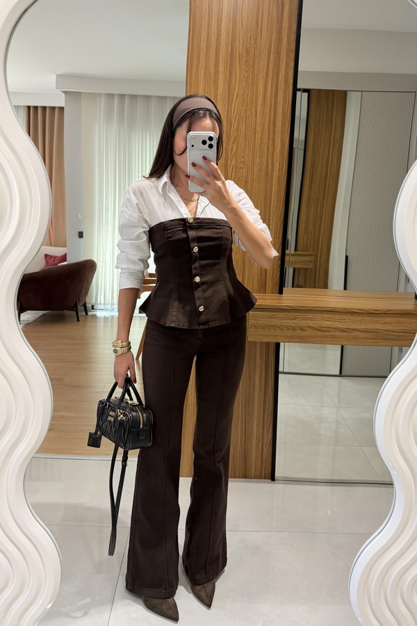 Misscix Kahve Denim Straplez Takım