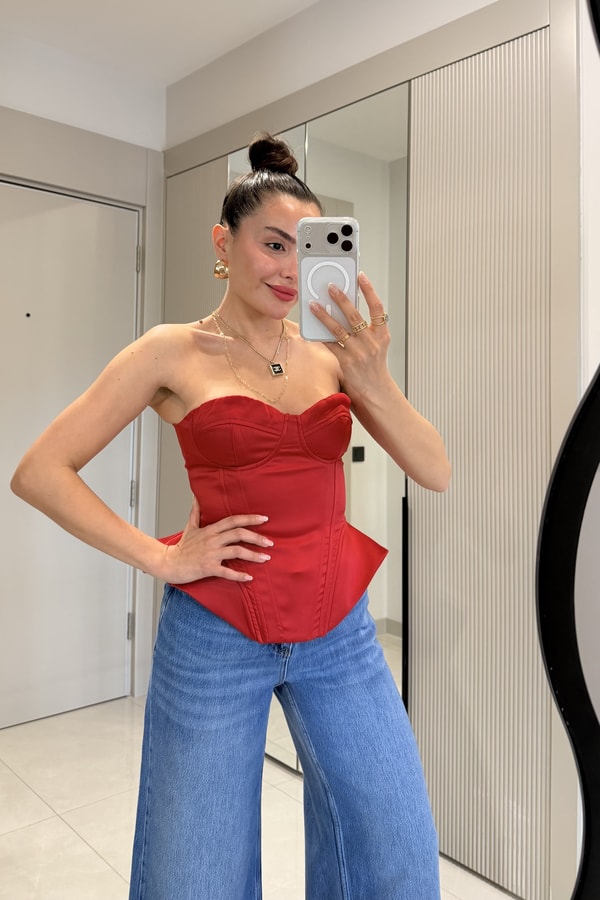 Misu Kırmızı Straplez Saten Büstiyer