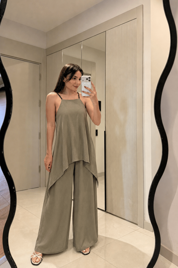 Molane Haki Deri Askılı Tasarım Tulum