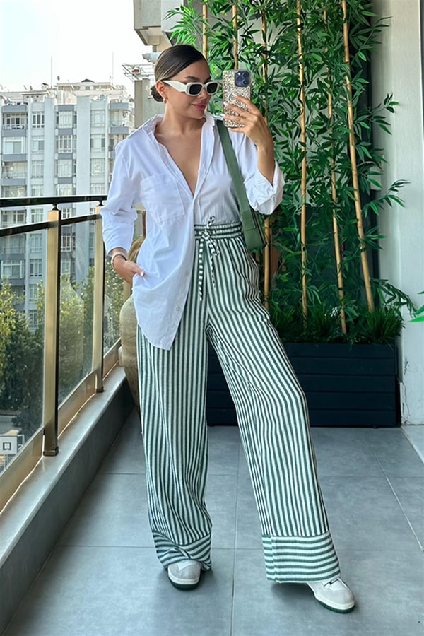 Mona yeşil çizgili pantolon