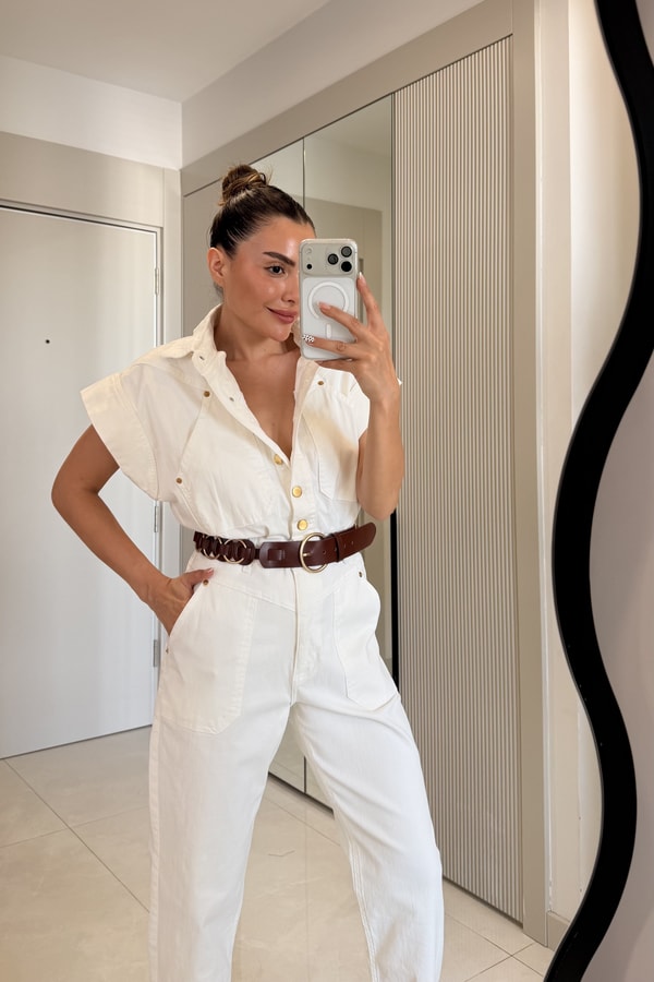 Monaco Beyaz Gabardin Kot Tulum