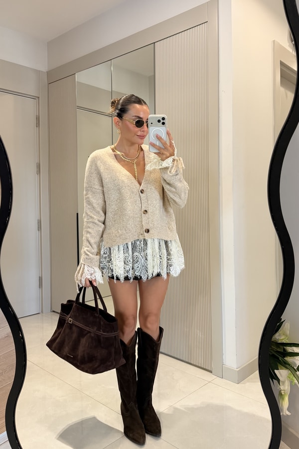 Monica Taş Dantel Detaylı Hırka