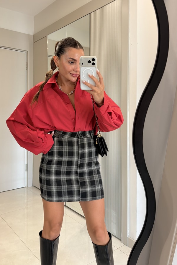 Montaire Siyah Ekose Desen Mini Etek