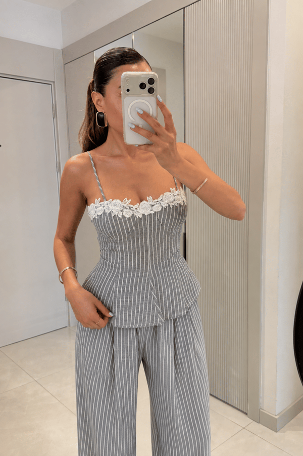 Moore Gri Çizgili Bluz Pantolon Takım