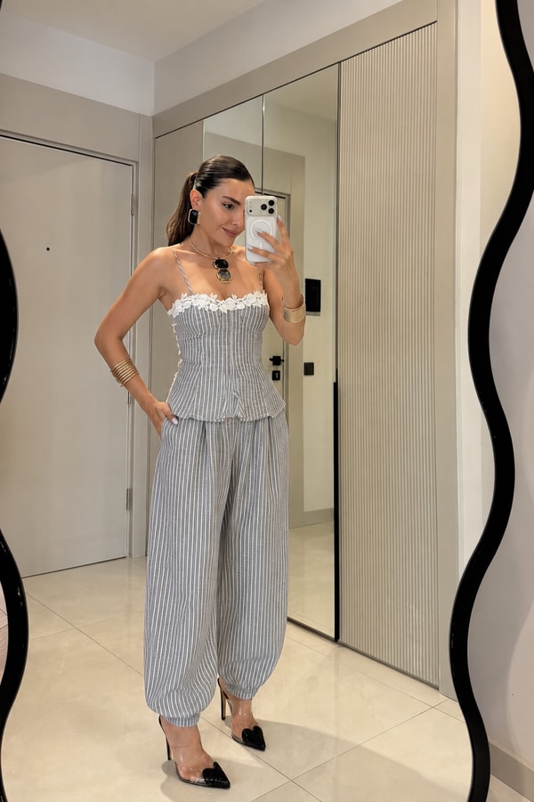 Moore Gri Çizgili Bluz Pantolon Takım