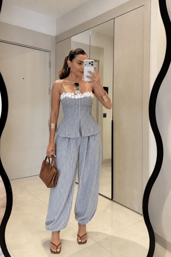 Moore Gri Çizgili Bluz Pantolon Takım